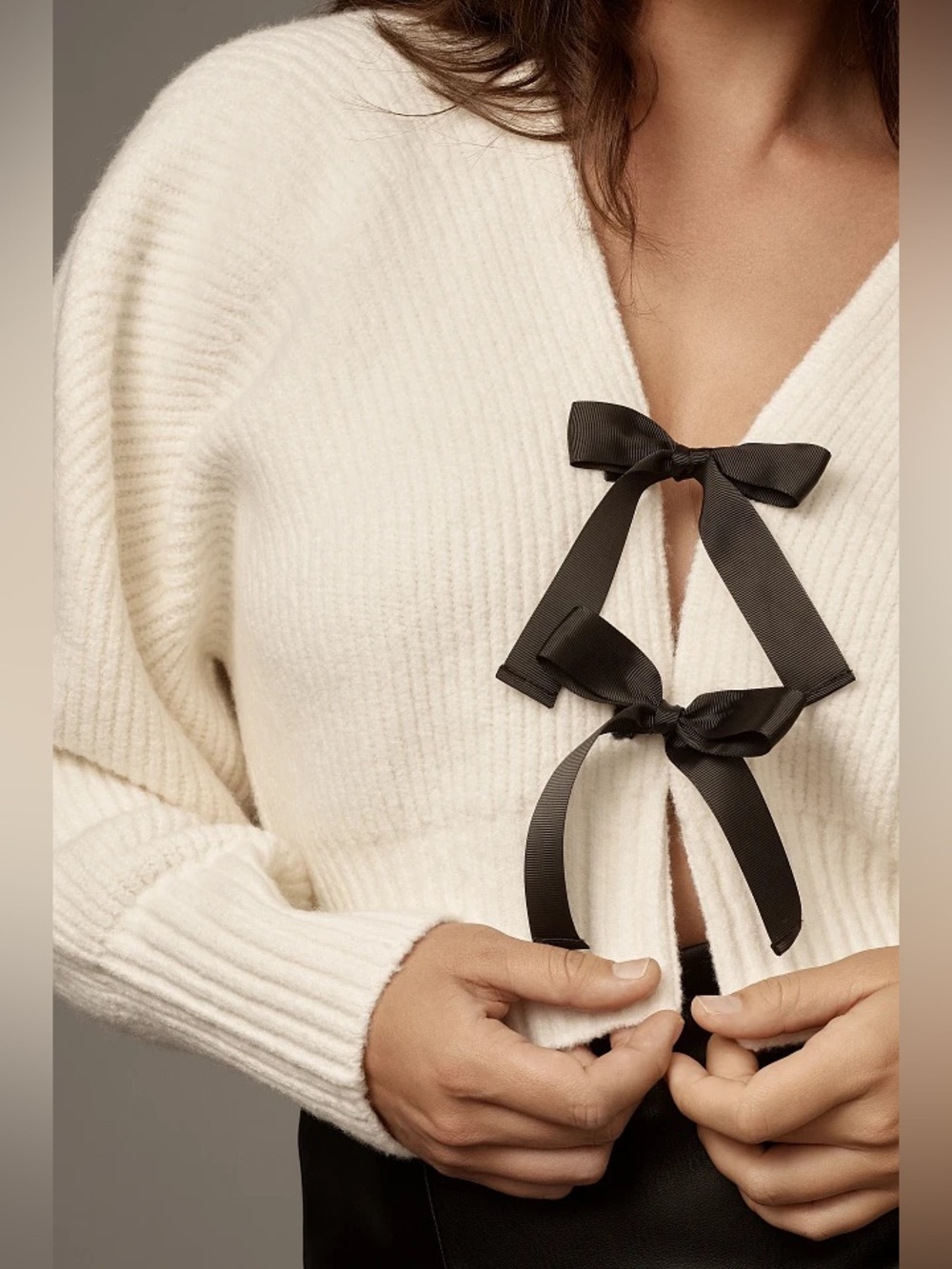 Anthropologie Rhea Bow-Front Crop Cardigan Sweater black ribbon ribbed knit - Picture 2 of 7